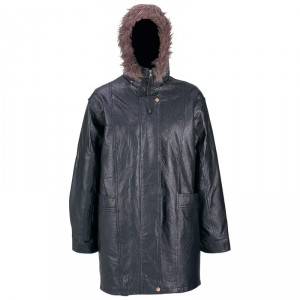 Giovanni Navarre Ladies Hand-Sewn Pebble Grain Genuine Leather Coat with Faux Fur Hood